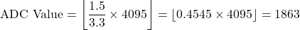 \[ \text{ADC Value} = \left\lfloor \frac{1.5}{3.3} \times 4095 \right\rfloor = \left\lfloor 0.4545 \times 4095 \right\rfloor = 1863 \]