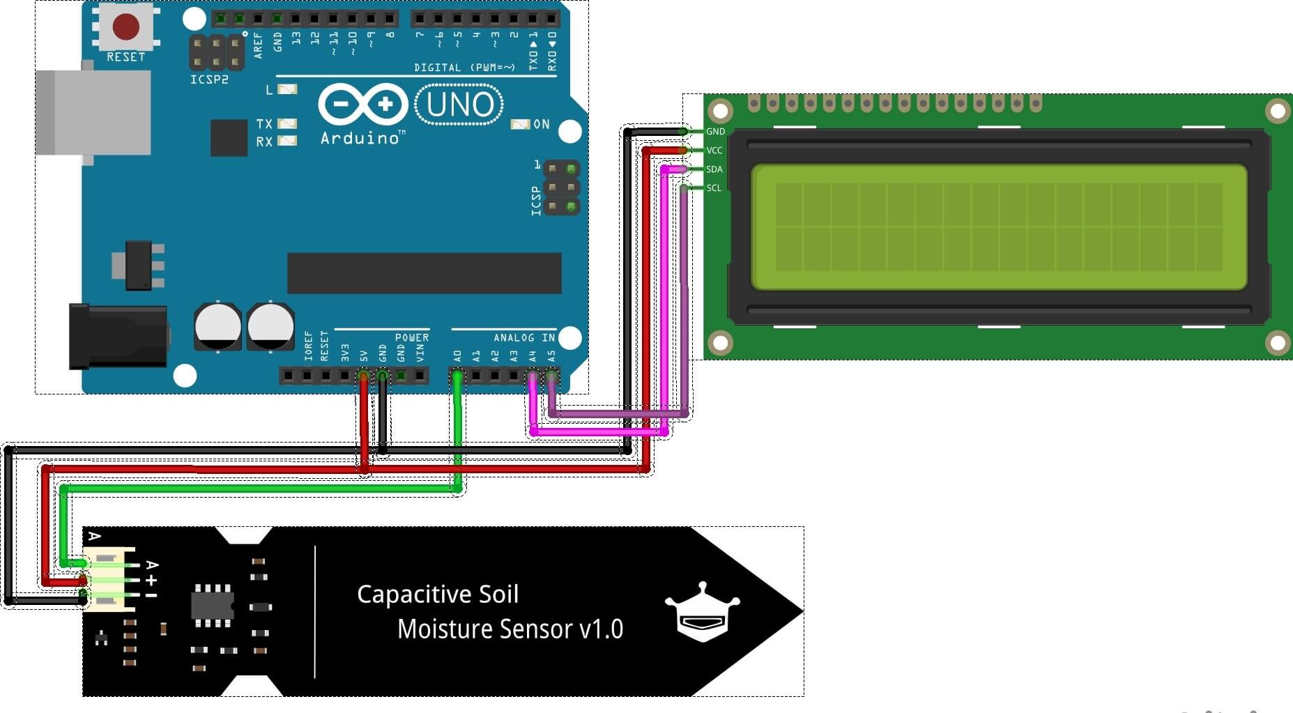 Capacitive Soil Moisture Sensor with Arduino & I2C 16x2 Display
