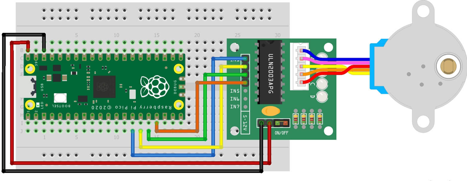 Fritzing circuit ULN2003 motor driver to Raspberry Pi Pico.