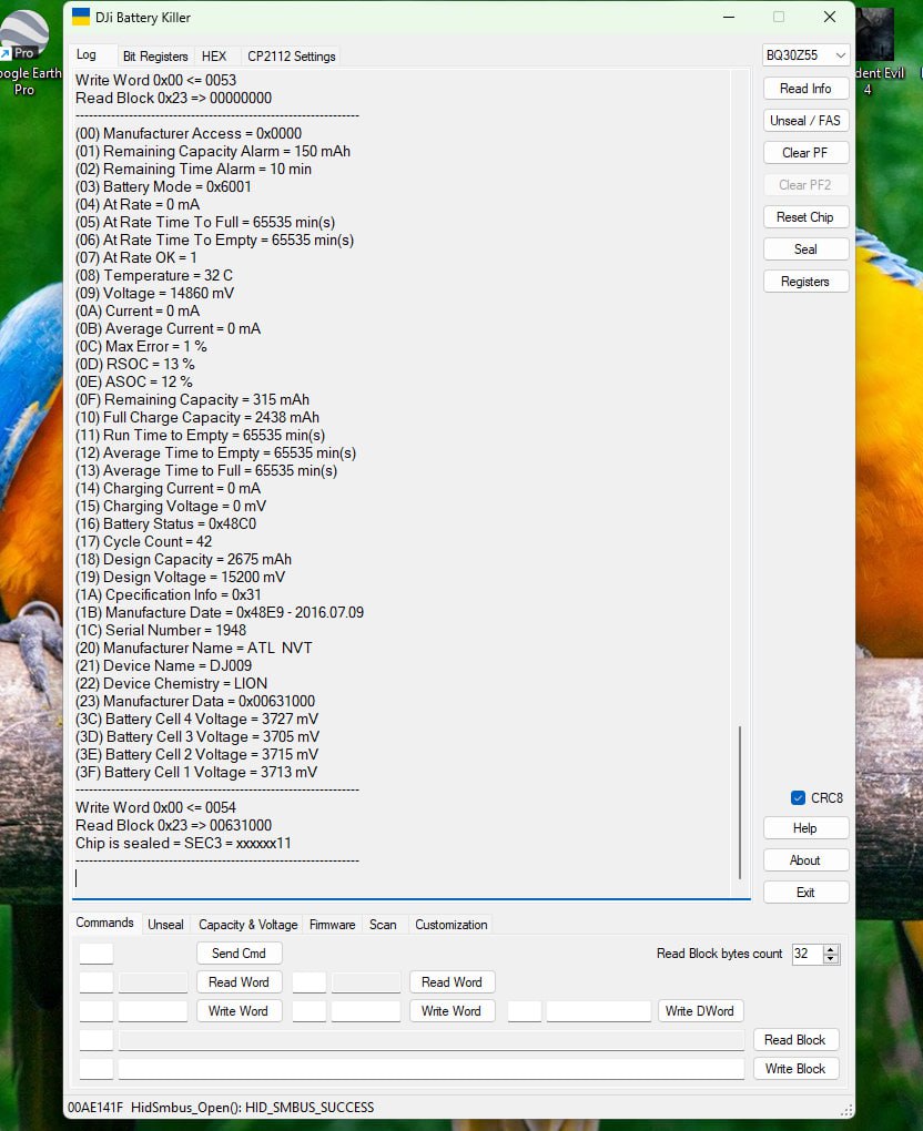 DJI battery killer Read Info screen
